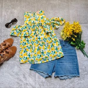 Lemon-Print Ruffled Cold-Shoulder Top